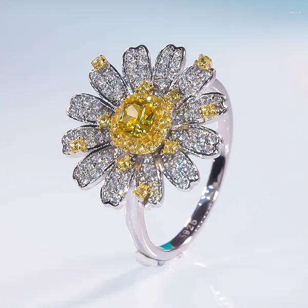 Кольца-кластер QINHUAN Кольцо с цветком топаза, настоящее серебро S925, элегантный желтый бриллиант, свадебное обещание, свадебная вечеринка, ювелирные украшения
