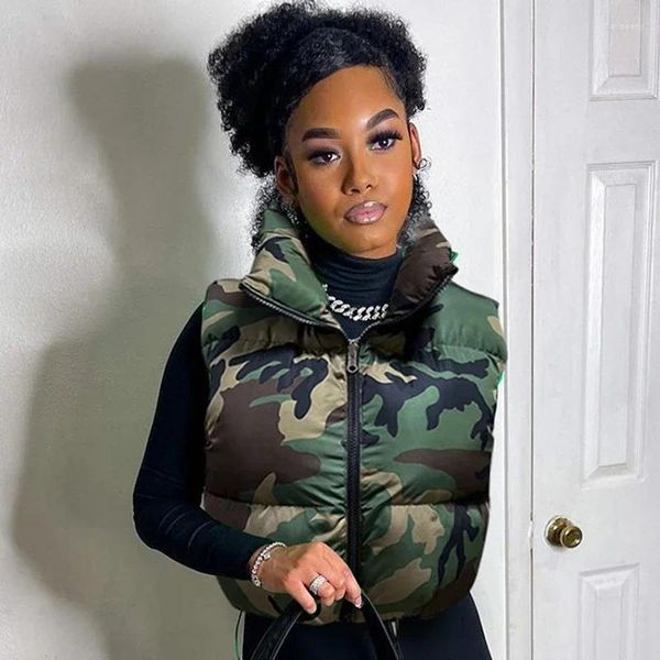 Trench da donna Piumini mimetici Gilet da donna senza maniche Camo Bubble Parka Giù con coulisse Gilet a vita alta Crop in cotone