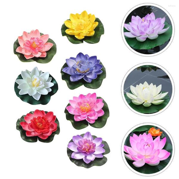 Flores decorativas 7 pçs decoração de lótus fonte ornamento falso adorno perolado para piscina plástico superfície de água artificial lagoa