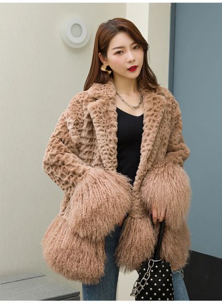 Мех горячие продажи новая мода натуральная настоящая кроличья меховая пальто с меховой манжетой из баранины и хмуром высокой зимней куртки