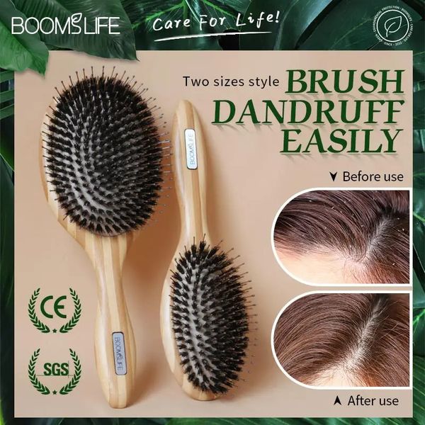 Escova de cerdas de javali escova de cabelo de bambu mulheres cabeça couro cabeludo massagem escova de cabelo pentes de madeira para cabelo beleza barbeiro pente 240229