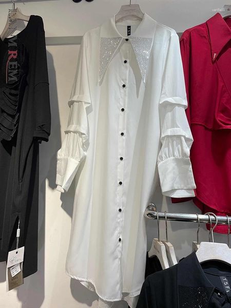 Camicette da donna LANMREM Camicie lunghe bianche da donna Risvolto con perline Maniche monopetto a sbuffo Camicia allentata casual di grandi dimensioni Abbigliamento Primavera