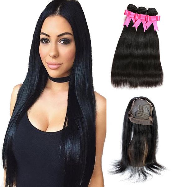 360 Lace Frontal mit Bundles brasilianisches glattes Jungfrau-Haar, 3 Bundles mit 360 natürlichem Haaransatz, Lace Frontal mit Babyhaar8281497