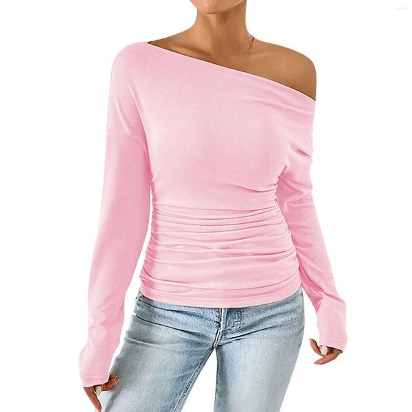 T-shirt da donna Moda Colletto obliquo Off-Shoulder T-shirt a maniche lunghe Donna Primavera 2024 Solid Slim Fit Top Colore sexy Tees Tops Mujer