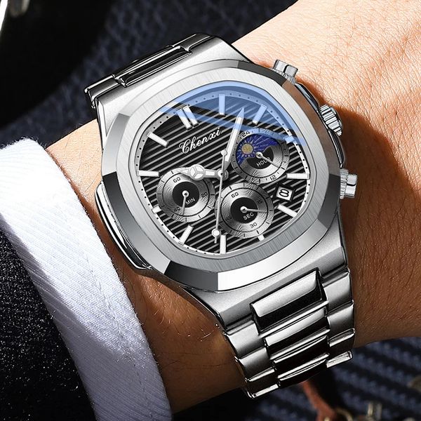 Chenxi relógios masculinos marca superior de luxo aço inoxidável cronógrafo relógio para homens moda esportes relógio quartzo à prova dwaterproof água 240227
