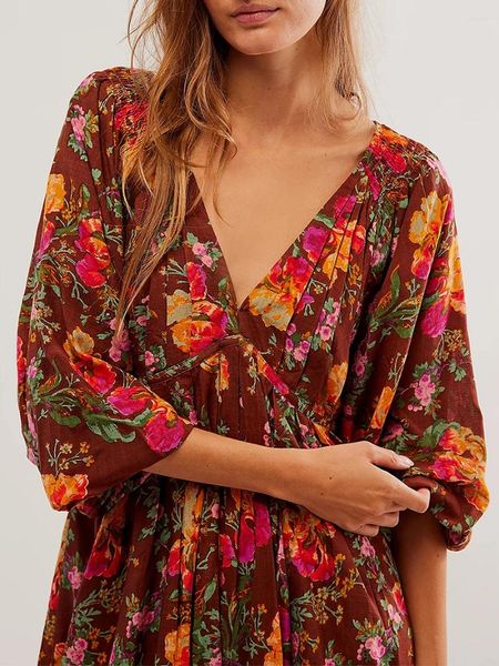 Vestidos casuais mulheres verão floral mini vestido 3/4 manga profunda decote em v plissado boho impressão gravata sem encosto swing a-line curto