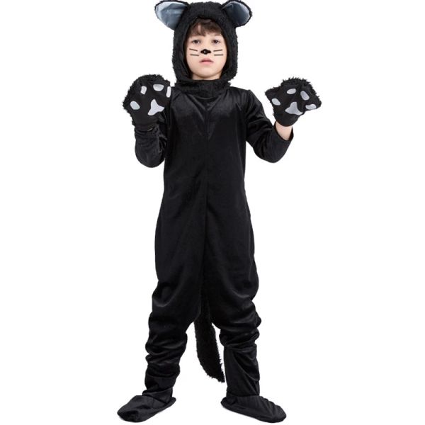 Trajes Gato Preto Cosplay Traje Infantil Bonito Gatinho Animal Onesie + Luvas + Chapéu Terno Adequado para Show de Palco Festa de Halloween