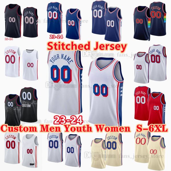 Maglia da basket personalizzata S-6XL 2024 cucita 21 Joel 12 Tobias Embiid Harris 17 PJ Tucker 40 Nicolas Batum Tyrese Maxey Kyle Lowry Kelly Oubre Jr. Darius Bazley Mo Bamba