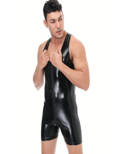 Bodysuit sexy masculino macacão de couro patente zíper frontal onepiece collant masculino elastano catsuit bodysuits2569831