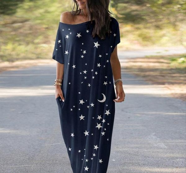 Casual Kleider Mond Sterne Gedruckt Frauen Maxi Kleid Sommer Oneck Kurzarm Lose Lange Plus Größe Kleidung Vestidos3559546