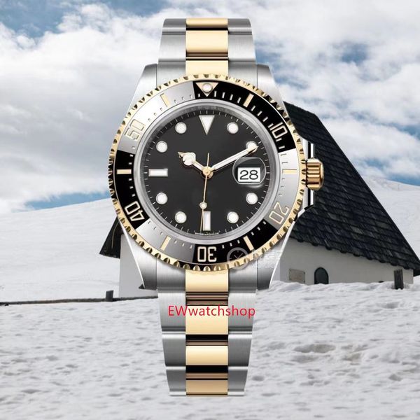 Relógios de ouro de alta qualidade Luxo Mens Watch 44mm Sea DWELLER Cerâmica Bezel Aço Inoxidável Movimento Automático Deep Black Dial impermeável Montre de Luxe com caixa