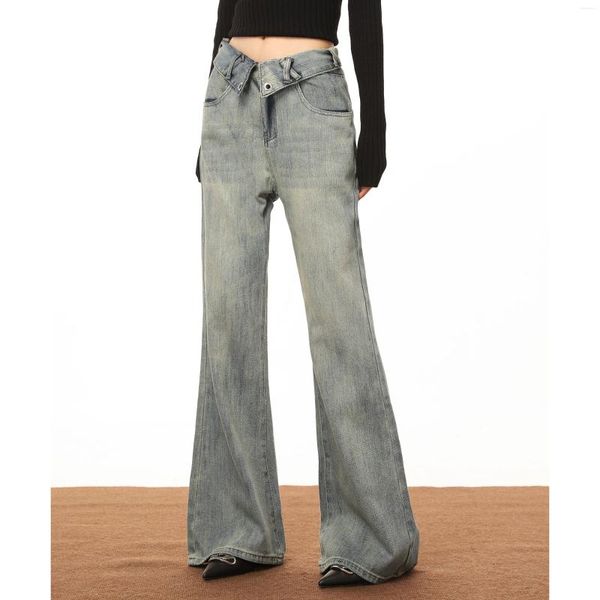 Jeans femininos americanos vintage flanging design perna larga azul rua casual cintura alta calças jeans retas