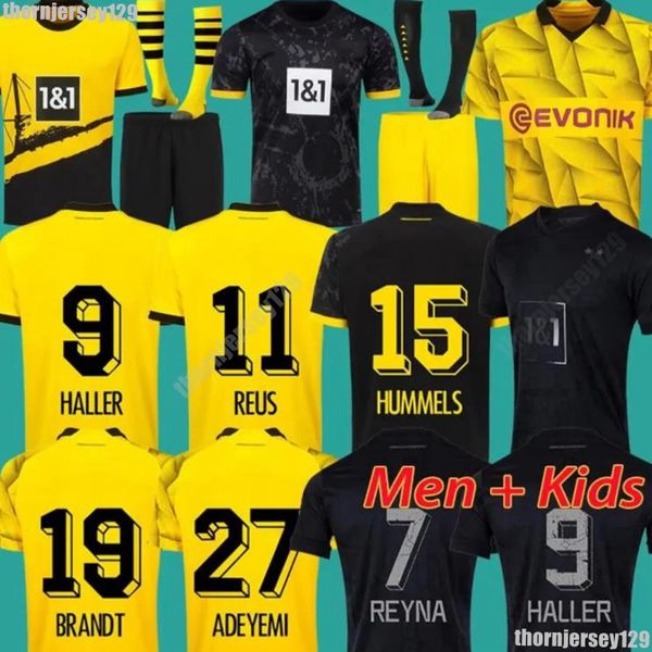 23 24 Jerseys REUS Dortmunds 2023 2024 Borussia Futebol HALLER Camisa de Futebol BELLINGHAM NEONGELB HUMMELS BRANDT Homens Crianças Kit Especial Todo Preto Maillot De Foot