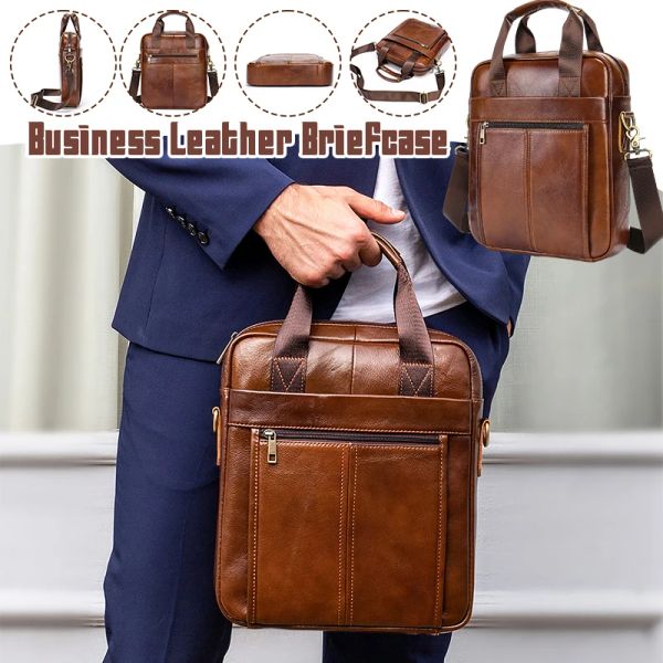 Mochila de couro genuíno sacos de ombro crossbody mensageiro portátil maleta bolsa masculina vertical saco de mão de ombro único