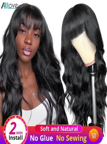 Allove onda do corpo brasileiro solto profundo encaracolado perucas de cabelo humano com franja peruano em linha reta kinky encaracolado nenhum laço perucas cabelo indiano ma8623850