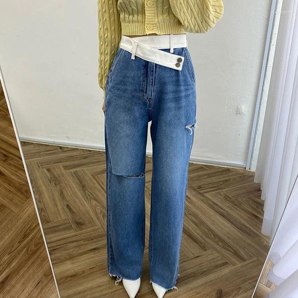 Женские джинсы Уникальный дизайн с потертостями и высокой талией с напуском Разноцветные женские заплатки в стиле ретро для мешковатых женщин