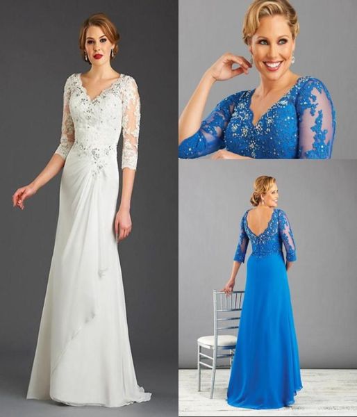 Blau Weiß Plus Size Mutter der Braut Kleid mit 3/4 Ärmeln Applikationen Perlen Chiffon Frauen formelles Kleid Mutterkleid nach Maß3968564