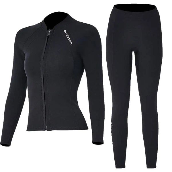 Anzüge DIVE SAIL 2MM Premium-Tauchanzug für Männer und Frauen, Neoprenhose, geteilter Körper, Jacke, Hose, Neopren-Badebekleidung, Schwarz, hält warm, Schwarz