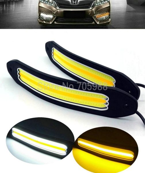 Chegada nova flexível impermeável branco e amarelo luz de cabeça do carro cob led luzes diurnas drl luzes nevoeiro com sinal volta lig8542367