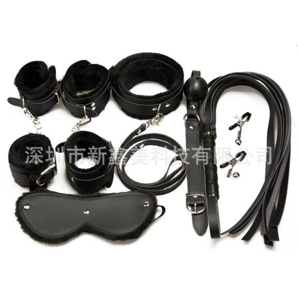 BDSM-Kit, 7-teiliges Set, Bondage für Vorspiel, Fell-Handschellen, Augenbinde, Handschellen, Fußfessel, Augenbinde, Halsband, Lederpeitsche, Ballknebel, Seil, Se3823117