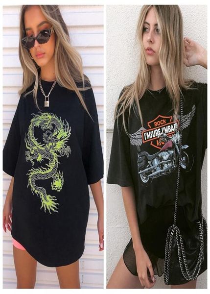 T-shirt a maniche corte da donna di moda T-shirt casual con motivo drago lettera stampata stile allentato T-shirt nera bianca Street Style3744683