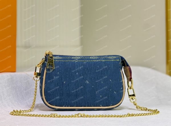 Denim mavi mini çanta pochcce iconik moda kadın tuval poşet akşam debriyaj zincir zincir cüzdan cüzdan cüzdan cüzdan
