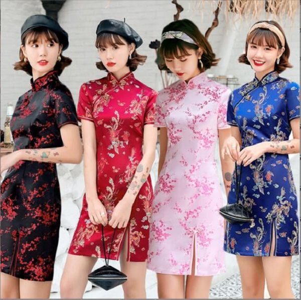 Nova primavera verão estilo chinês moda feminina cheongsam cetim bordado flor tang terno vestido senhoras casual magro saia curta vestidos de festa