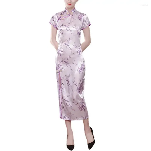 Abbigliamento etnico Abito cheongsam da donna Colletto rialzato Elegante raso sintetico lungo stile cinese con maniche corte Qipao Fiore