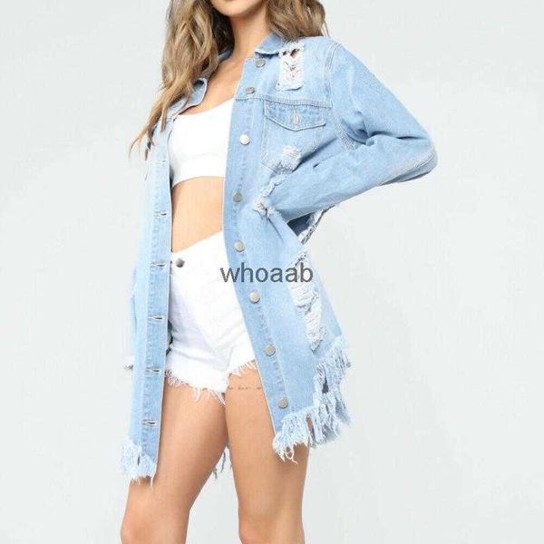 Jaquetas femininas jaquetas jeans oversized angustiado detalhe rasgado namorado moda sreetwear 2 cores tamanho grande S-XXXL 240301