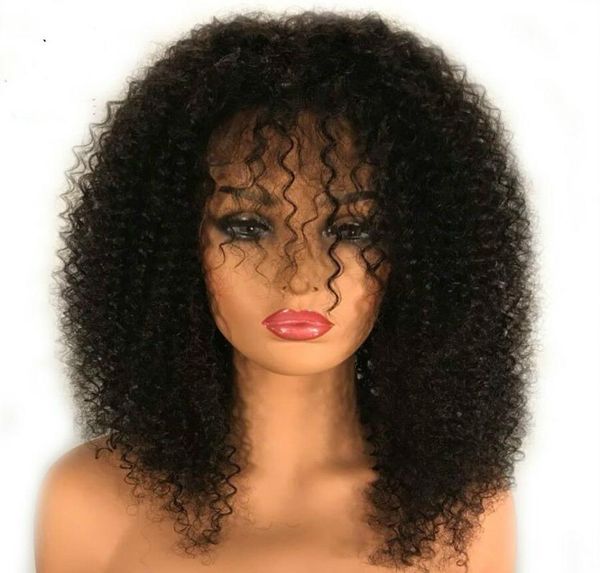 Afro kinky encaracolado peruca de cabelo humano com franja 150 densidade mongol remy cabelo humano perucas dianteiras do laço completo 13x6 parte profunda black3383488