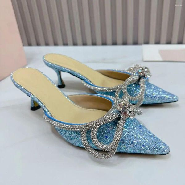 Terlik Boyut 35-42 İlkbahar Yaz Ayakkabıları Kadınlar için Glitter High Topuklu Mules Kristal Yay Knot Bling Tasarımcısı Saç.