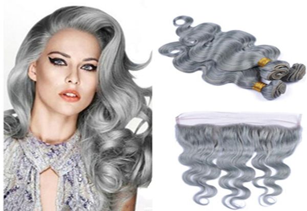 Gümüş Gri İnsan Saç Uzantıları Frontal Gri Brezilya İnsan Saçı ile 3 Paket 100 Bakire İnceleme Gümüş Gri Lace7815661