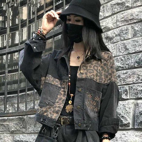 Giacche da donna Harajuku Ricamo Denim Nero Leopardo Streetwear Donna Punk Jean Vestiti Cappotto Abbigliamento Donna Jack 240301