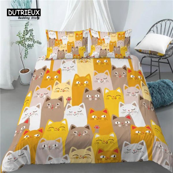 Установите 3D Cartoon Cat Print Home Living Luxury 2/3PCS Комфортные пуховые наборы наборов постельных принадлежностей Queen и King Eu/US/Au Size