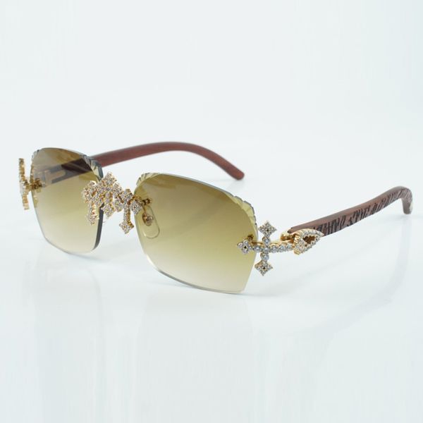 Neue kreuzförmige, vollständig mit Diamanten eingelegte Factory-Brille 3524018, Sonnenbrille mit Beinen aus natürlichem Tigerholz und 58-mm-geschliffenen Gläsern