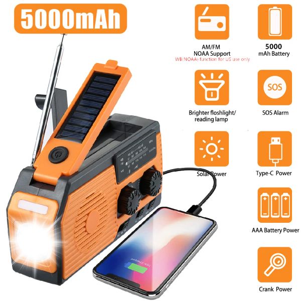 Radio 5000mAh Radio multifunzionale a manovella FM AM NOAA Radio meteorologiche Ricarica USB solare Torcia LED di emergenza Accumulatori e caricabatterie di riserva