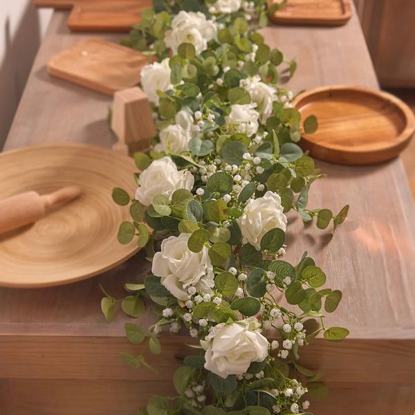 18 м поддельная роза, гипсофила, лоза, эвкалиптовая гирлянда, искусственные цветы, подвесные растения Греннери для свадьбы, дома, вечеринки, декор арки 240228