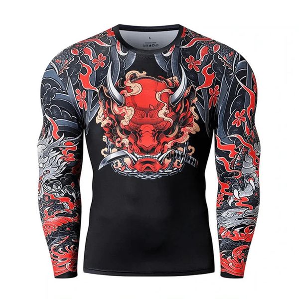 Japanische Samurai-Stil T-Shirt für Männer 3D Langarm Top Gym Fitness T-Shirts übergroße T-Shirt Sport Laufbekleidung 240226