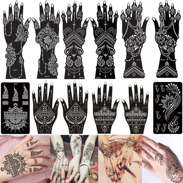 Estêncil de tatuagem temporária, 12 folhas, estêncil de henna, kit de adesivos de tatuagem de mão, braço, aerógrafo, modelo para arte corporal diy, adesivo