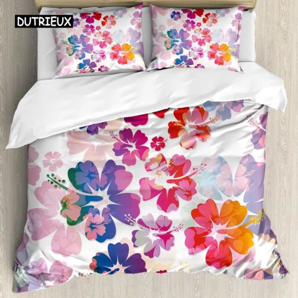 Set Hawaiian Duvet Cover Set Set Exotisches Blumeninsel Thema Tropische Hawaii Blumen Muster Polyester Bettwäsche Set Doppelte Königsking Kingsize -Vorhänge