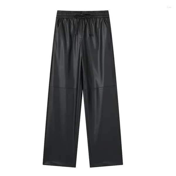 Pantaloni da donna Moda donna Ecopelle Dritti Vintage a vita alta 2024 Pantaloni elastici con coulisse femminili