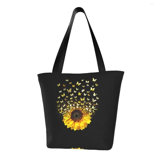 Borse per la spesa Farfalla Girasole Volante Regalo Generi alimentari Stampa Canvas Shopper Borsa a tracolla Borsa a mano con fiori di grande capacità