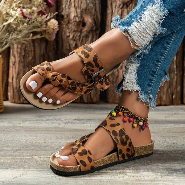 Sandálias Sexy Leopardo Sandálias Planas Mulheres 2023 Verão Clip Toe Soft Sole Cork Sandálias Mulher Plus Size 43 Chinelos Ao Ar Livre Sapatos Gladiador T240302