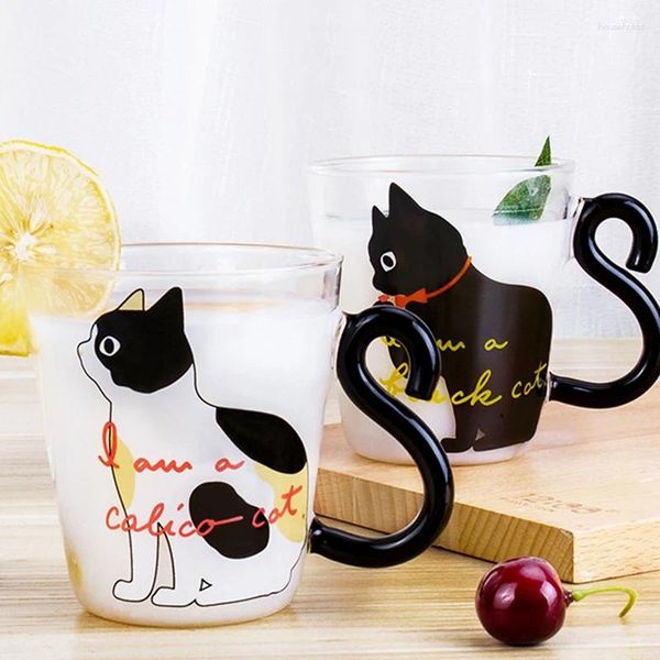 Canecas Cute Kitty Glass Water Cup Cat Tail Handle Caneca Leite Chá Café Suco De Frutas Drinkware Home Office Amantes