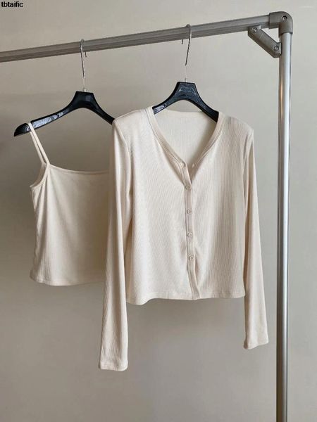 Ethnische Kleidung, Premium-Klassiker, V-Ausschnitt, Strickjacke, Camisole-Anzug, vertikal gestreift, strukturiert, elastisch, Strickweste, Sommer, Frühling, Rosa, Beige