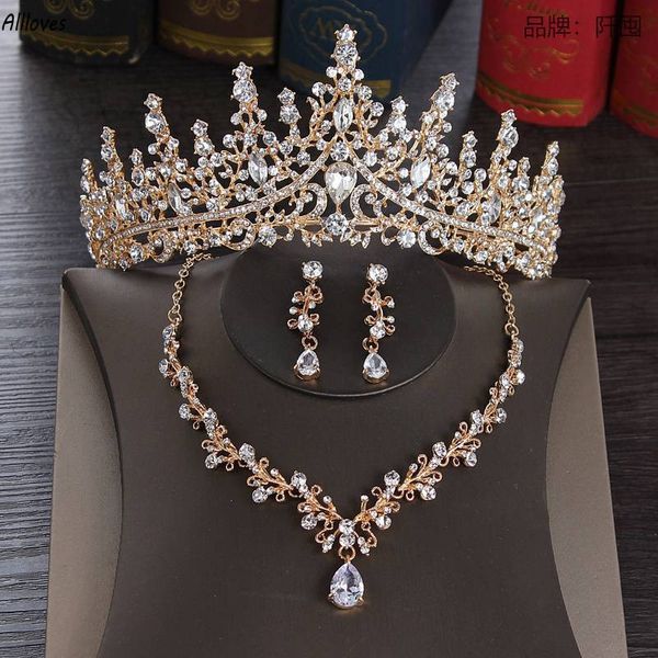 Cristais de luxo conjuntos de jóias de noiva para casamento ouro prata brilhante strass coroa colar brincos conjunto feminino acessórios ocasião formal cl3346