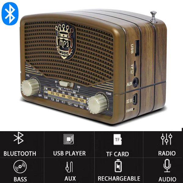 Altoparlanti Altoparlante Bluetooth wireless dal design di lusso Ricevitore radio vintage Ricaricabile FM/AM/SW SUPPORTO USB/SD/TF HIFI Lettore Mp3 Sterero