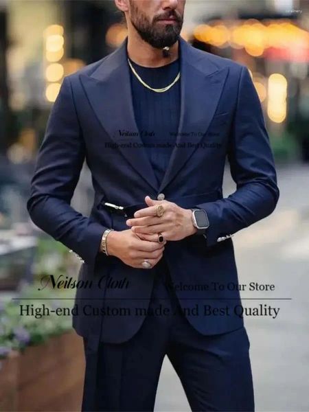 Abiti da uomo formale blu navy blazer da ballo maschile 2 pezzi set con cintura sposo smoking da sposa risvolto con visiera uomo groomsmen costume homme