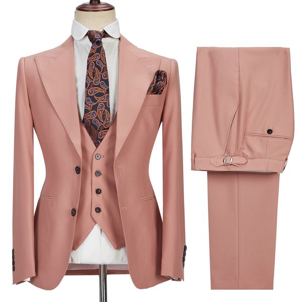 Ternos masculinos de casamento com guarnição, smoking rosa, roupa formal, tamanho personalizado, lapela repicada, 3 peças, blazer + colete + calça