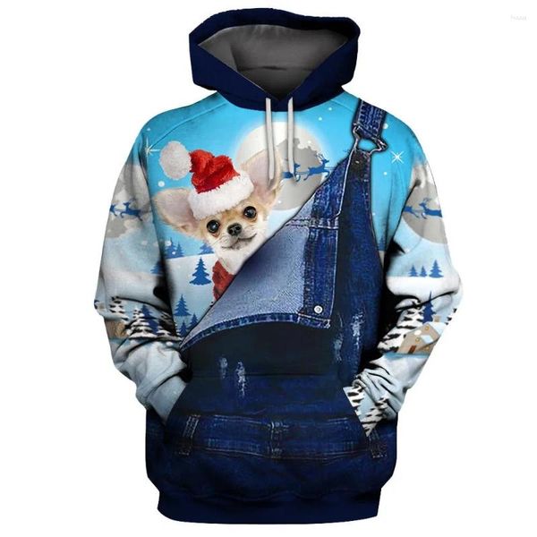 Moletom masculino com capuz HX Macacão gráfico masculino Natal Chihuahua roupas estampa 3D casual moletom com capuz unissex harajuku